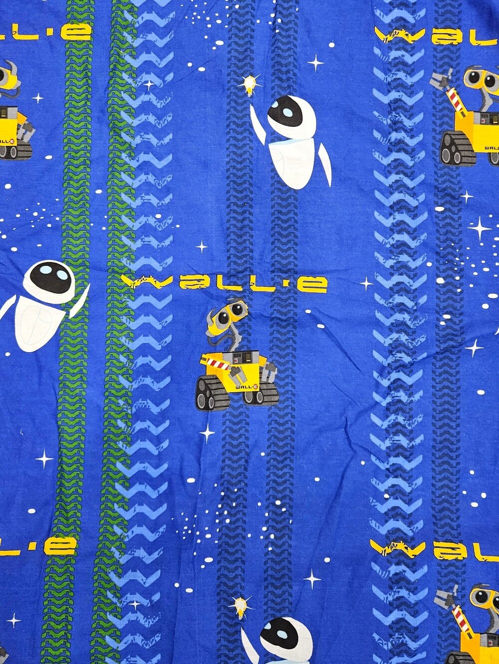 Disney Pixar Wall-e & Eva Robot TWIN Fitted Sheet Green Tire Tracks Blue Cotton